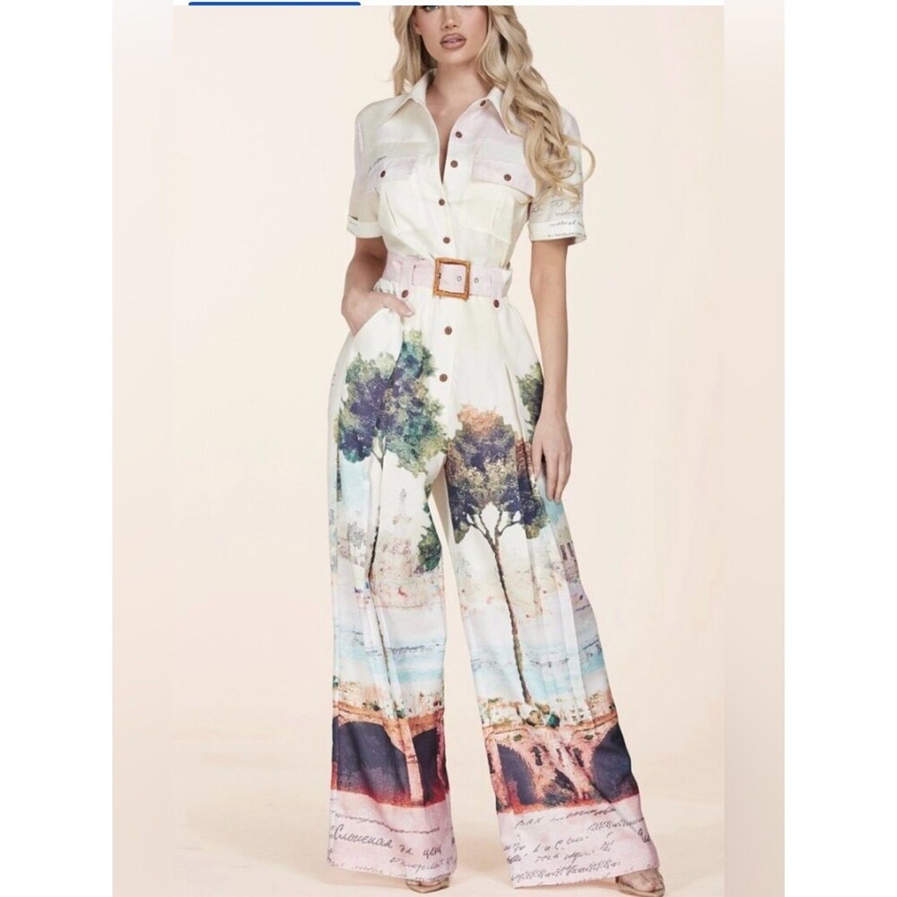 L’ATISTE By Amy 2X Scenic Landscape Print Wide Leg Jumpsuit Button Front NWT